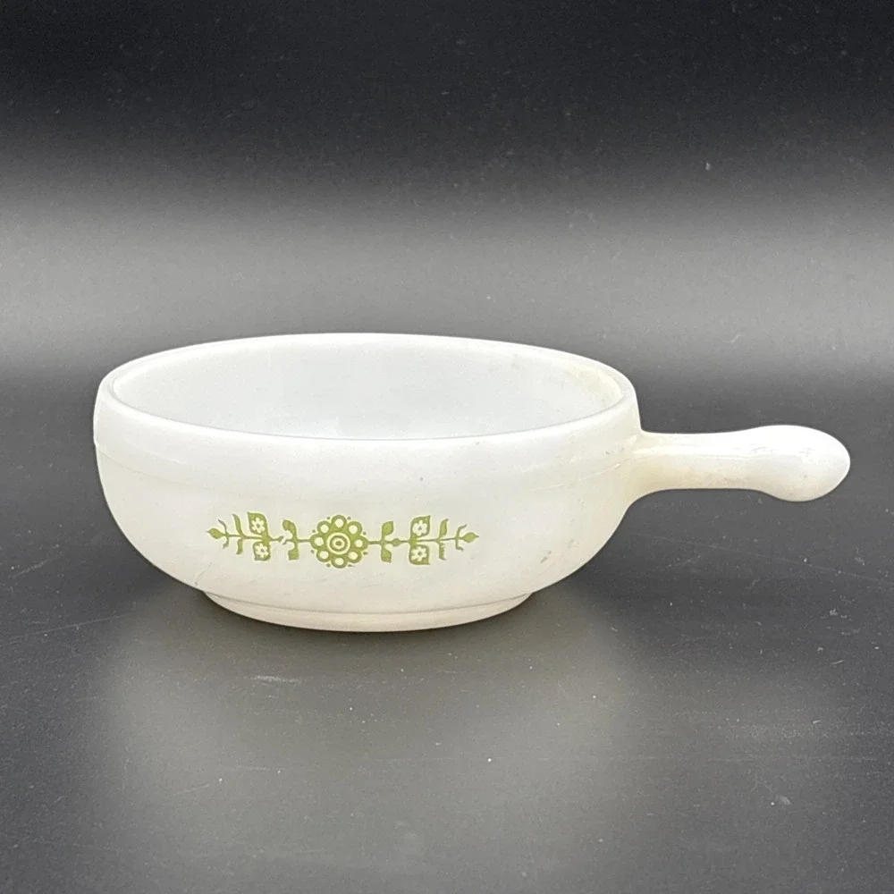 Vintage Glasbake Milk Glass Handled Soup Bowl Green Daisy Floral J-2639 MCM USA